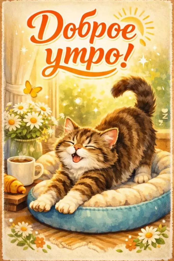 Праздничная картинка доброе утро котики в красивом стиле