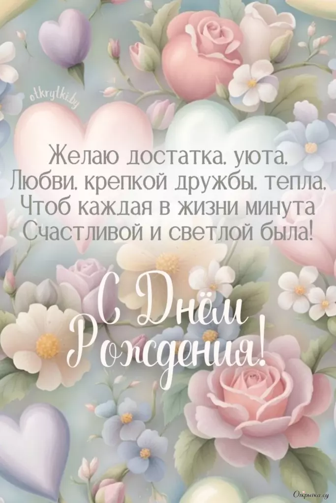 Открытка с мягким настроением женщине с днем рождения с пожеланиями с ярким оформлением